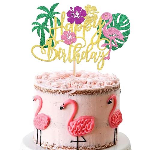 Xsstarmi 1 Packung Flamingo Happy Birthday Tortenaufsatz Glitzer Flamingo Palme Schildkröte Blatt Blume Kuchen Pick für tropische hawaiianische Luau Babyparty Kindergeburtstag Party Kuchen von Xsstarmi