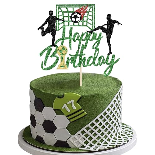 Xsstarmi 1 Packung Fußball Happy Birthday Tortenaufsatz Glitzer Happy Birthday Schild Trophäen Fußballspieler Kuchen Pick für Sport Thema Babyparty Fußballspieler Happy Birthday Party Kuchen von Xsstarmi