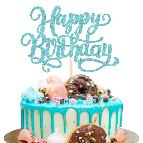 Xsstarmi 1 Packung Happy Birthday Cake Topper Glitzer Hellblau Geburtstag Jahrestag Kuchen Pick Dekoration für Jungen Männer Männer Baby Shower Feier Geburtstag Party Kuchen Dekorationen von Xsstarmi