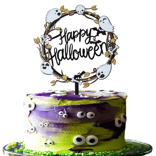 Xsstarmi 1 Packung Happy Halloween Cake Topper Happy Halloween Kuchen Dekorationen Acryl Geist Schädel Fledermäuse Kuchen Pick für Halloween Thema Babyparty Party Dekorationen von Xsstarmi