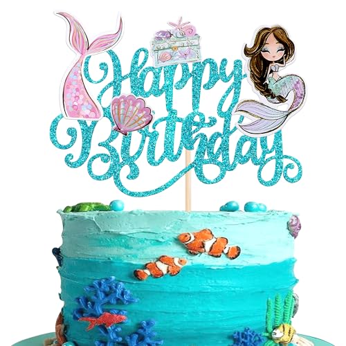 Xsstarmi 1 Packung Meerjungfrau Happy Birthday Cake Topper Unter dem Meer Schatz Muscheln Kuchen Pick Meerjungfrau Schwanz Kuchen Dekorationen für Meerjungfrau Thema Happy Birthday Baby Shower Party von Xsstarmi