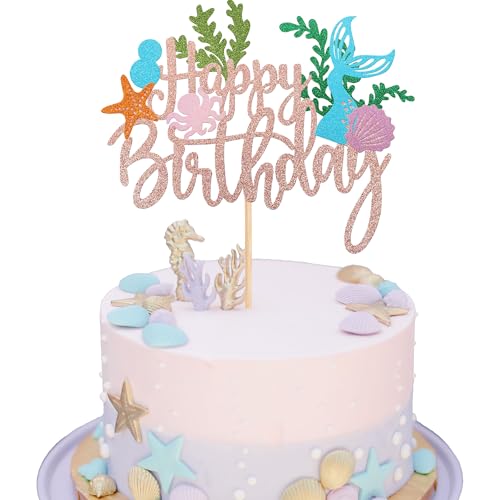 Xsstarmi 1 Packung Meerjungfrau Happy Birthday Kuchen Topper Glitzer Seetang Muschel Oktopus Seestern Meerjungfrau Kuchen Pick für unter dem Meer Meerjungfrau Thema Babyparty Geburtstag Party Kuchen von Xsstarmi