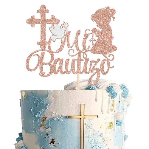 Xsstarmi 1 Packung Mi Bautizo Tortenaufsatz Taube Erstkommunion Kuchen Pick Bautizo Mädchen Taufe Dekorationen für religiösen Gott Segen Babyparty Geburtstag Party Kuchendekoration Roségold von Xsstarmi