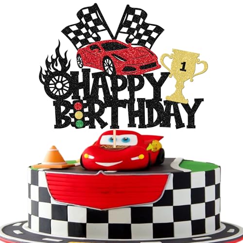 Xsstarmi 1 Packung Rennwagen Happy Birthday Tortenaufsatz Glitzer Ampel Rad Trophäe Flagge Rennwagen Kuchen Pick für Let's Go Racing Thema Babyparty Kinder Jungen Mädchen Geburtstag Party Kuchen von Xsstarmi