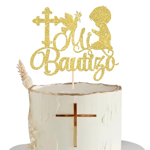 Xsstarmi 1 Packung Spanischer Mi Bautizo Tortenaufsatz Taufe Kuchendekoration Kreuz Erstkommunion Kuchen Pick für religiösen Gott Segen Junge Taufe Babyparty Party Dekoration Gold von Xsstarmi