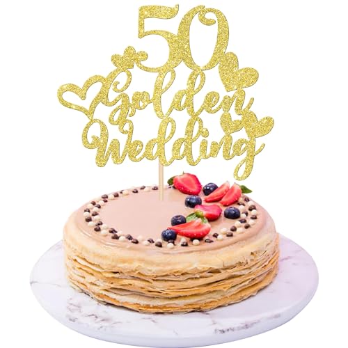 Xsstarmi 1 Packung Tortendeko 50. Hochzeit Jubiläum Tortenaufsatz Glitzer 50 Golden Wedding Anniversary Kuchen Topper 50. Golden Hochzeit Jubiläum Zubehör für Party Kuchen Dekorationen Gold von Xsstarmi