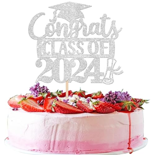 Xsstarmi 1 Packung Tortendeko Congrats Class of 2024 Tortenaufsatz Glitzer Congrats Grad Kuchen Pick Abschluss 2024 Kuchen dekorationen für 2024 Graduation Party Zubehör Silber von Xsstarmi