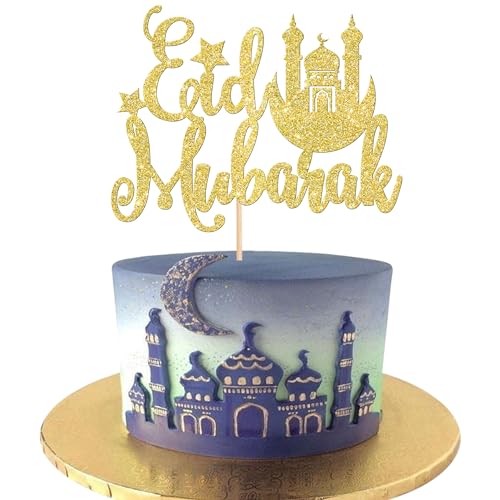 Xsstarmi 1 Packung Tortendeko Eid Mubarak Tortenaufsatz Glitzer Moschee Halal Eid al Adha Kuchen Topper für Ramadan Kareem Eid Islamic Muslim Zubehör für Party Kuchen Dekorationen Gold von Xsstarmi