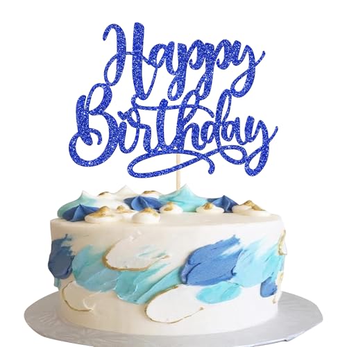 Xsstarmi 1 Packung Tortendeko Geburtstag Tortenaufsatz Glitzer Blau Happy Birhday Feiern Kuchen Topper für Kind Junge Mädchen Mann Frau Geburtstag Zubehör für Party Kuchen Dekorationen von Xsstarmi