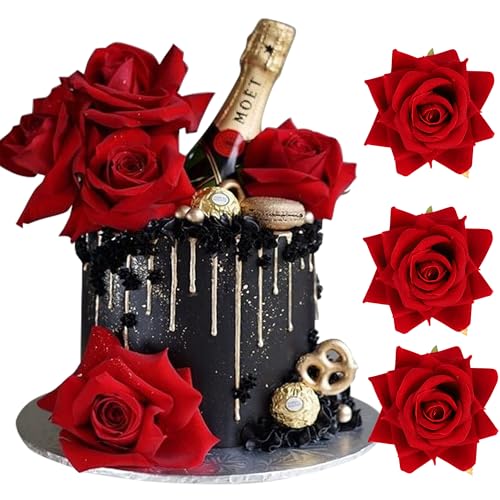 Xsstarmi 10 Stück Rote Rose Kuchen Topper Künstliche Blumen Kuchen Pick Künstliche Rose Hochzeit Kuchen Dekorationen für Brautdusche Geburtstag Hochzeit Jahrestag Party Supplies von Xsstarmi