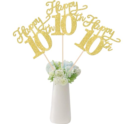 Xsstarmi 12 Stück Happy 10th Birthday Tafelaufsatz, goldfarbener Glitzer, Party-Dekorationen zum 10. Geburtstag, 10 fabelhafte Tischdekorationen für den 10. Geburtstag, Hochzeitstag, von Xsstarmi