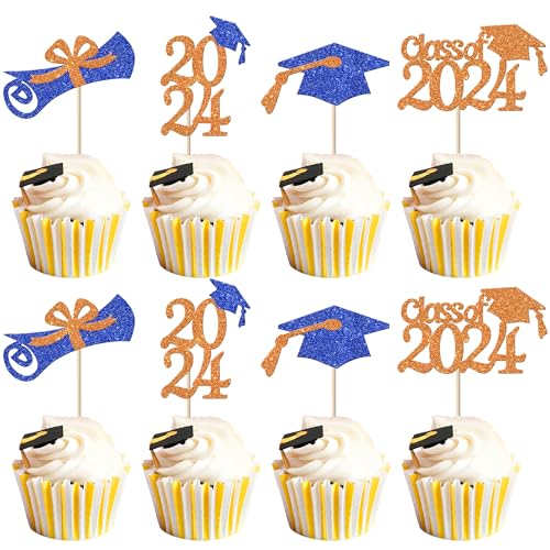 Xsstarmi 24 Packung 2024 Abschluss Cupcake Toppers Glitzer Class of 2024 Cupcake Picks für Congrats Grad 2024 Graduation Party Kuchendekoration Orange Blau von Xsstarmi