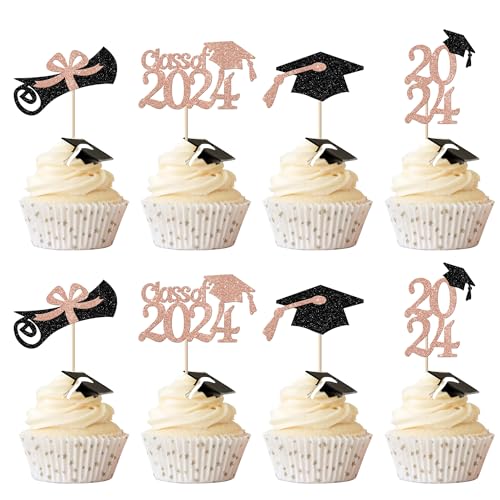 Xsstarmi 24 Packung 2024 Abschluss Cupcake Toppers Glitzer Class of 2024 Cupcake Picks für Congrats Grad 2024 Graduation Party Kuchendekoration Roségold von Xsstarmi