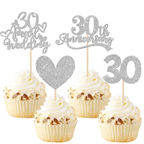 Xsstarmi 24 Packung 30. Hochzeit Jubiläum Cupcake Toppers Glitzer 30 Pearl Wedding Anniversary Cupcake Picks Hochzeitstag Kuchendekoration für 30. Perle Hochzeit Jubiläum Partyzubehör Silber von Xsstarmi