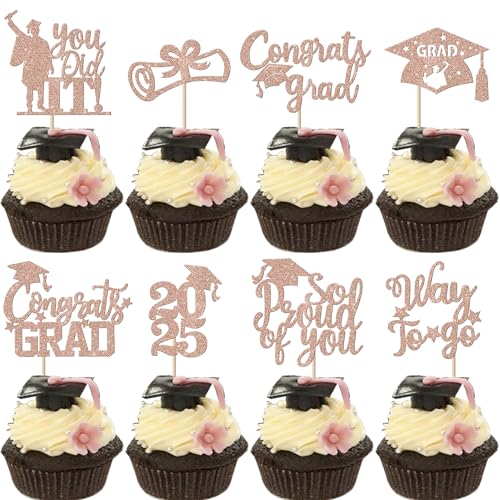 Xsstarmi 24 Packung Absolvent 2025 Cupcake Toppers Glitzer Congrats Grad Cupcake Picks So Proud of You Did it Kuchendekoration Absolvent 2025 Graduation Partyzubehör Roségold von Xsstarmi