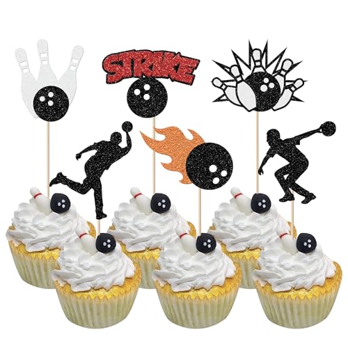 Xsstarmi 24 Packung Bowling Cupcake Toppers Glitzer Ballspiele Cupcake Picks für Bowler Geburtstag Party Kuchendekoration von Xsstarmi