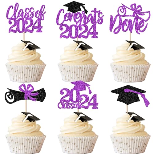 Xsstarmi 24 Packung Congrats Grad 2024 Cupcake Toppers Glitzer Class of 2024 Cupcake Picks Abschluss Cupcake Dekoration für 2024 Graduation Party Kuchendekoration Lila Schwarz von Xsstarmi