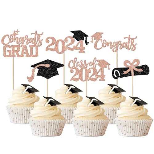 Xsstarmi 24 Packung Congrats Grad Cupcake Toppers Glitzer Abschluss 2024 Cupcake Picks Class of 2024 Kuchendekoration für 2024 Graduation Partyzubehör Roségold von Xsstarmi