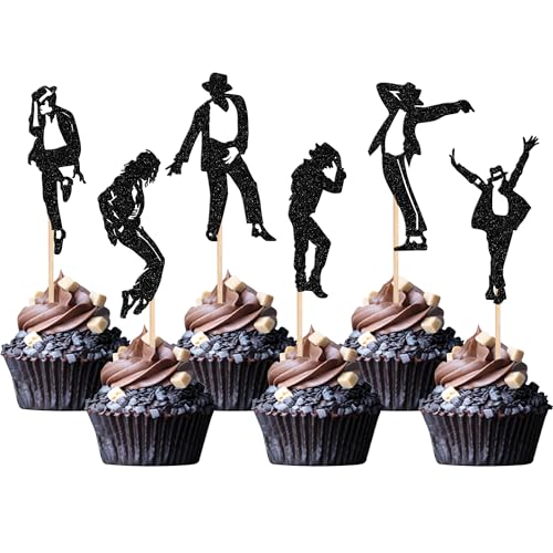 Xsstarmi 24 Packung Dance King Jackson Cupcake-Topper glitzernd Jazz-Stepptanz Cupcake-Picker Forever God Art Tanz-Kuchen-Dekorationen für Tanz-Motto Musik Geburtstagsparty-Zubehör Schwarz von Xsstarmi