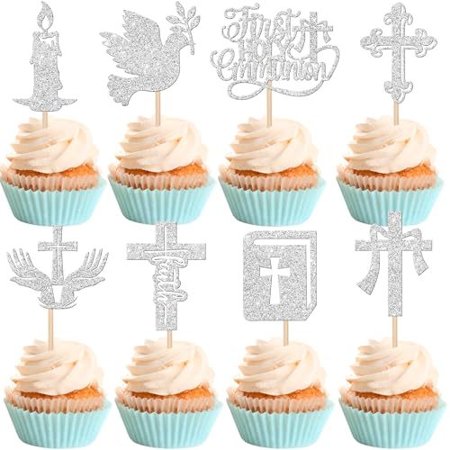 Xsstarmi 24 Packung Die Erste Kommunion Cupcake Toppers Glitzer Erste Taufe Cupcake Picks Gott Segne First Communion Kuchendekoration für Christliche Taufe Geburtstag Partyzubehör Silber von Xsstarmi