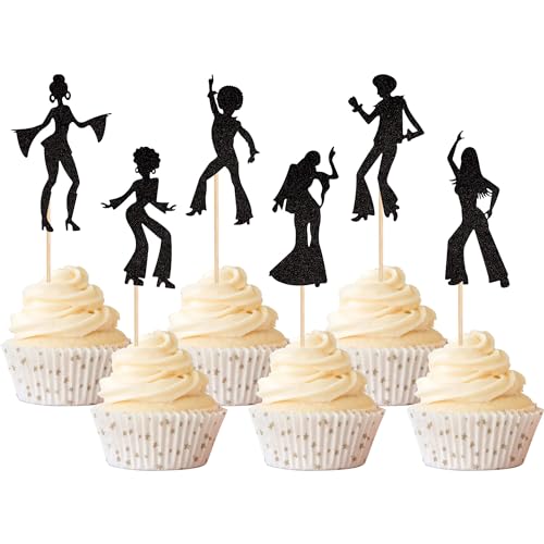 Xsstarmi 24 Packung Disko Cupcake Toppers Glitzer 70's Disco Cupcake Picks Tanzen Musik Kuchendekoration Hochzeit Kinder Geburtstag Partyzubehör Schwarz von Xsstarmi