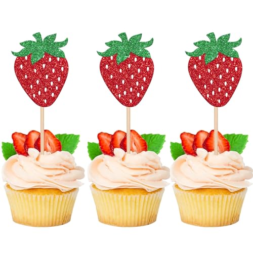 Xsstarmi 24 Packung Erdbeere Cupcake Toppers Glitzer Rote Erdbeere Cupcake Picks für Strawberry Obst Erdbeere Geburtstag Party Kuchendekoration von Xsstarmi