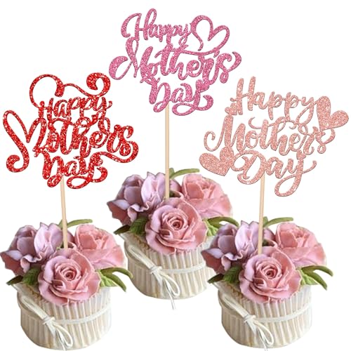 Xsstarmi 24 Packung Frohen Muttertag Cupcake Toppers Glitzer Liebe Mama Geburtstag Cupcake Picks Die beste Mutter Cupcake Dekoration für Frohen Muttertag Muttergeburtstag Party Kuchendekoration von Xsstarmi