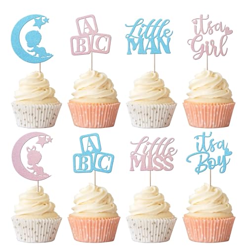 Xsstarmi 24 Packung Geschlecht Offenbaren Cupcake Toppers Glitzer Junge oder Mädchen Cupcake Picks für Gender Reveal Baby Shower Geburtstag Party Kuchendekoration von Xsstarmi