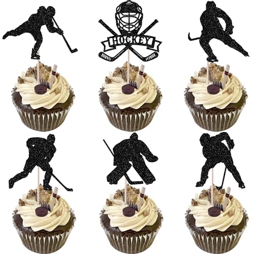 Xsstarmi 24 Packung Hockey Cupcake Toppers Glitzer Hockey Spieler Cupcake Picks Dekoration für Hockey Sports Geburtstag Party Kuchendekoration Schwarz von Xsstarmi