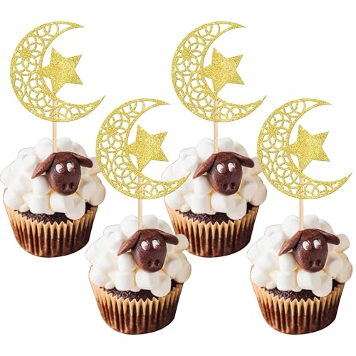 Xsstarmi 24 Packung Mond Stern Moschee Cupcake Toppers Glitzer Halal Eid Mubarak Cupcake Picks Dekoration für Ramadan Kareem Eid Islamic Muslim Party Kuchendekoration Gold von Xsstarmi