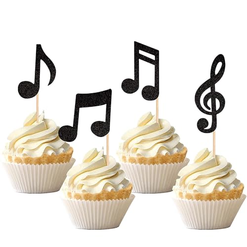 Xsstarmi 24 Packung Musiknoten Cupcake Toppers Glitzer Rockstar Cupcake Picks Musiksymbol Kuchendekoration für Musik Hochzeit Geburtstag Partyzubehör Schwarz von Xsstarmi