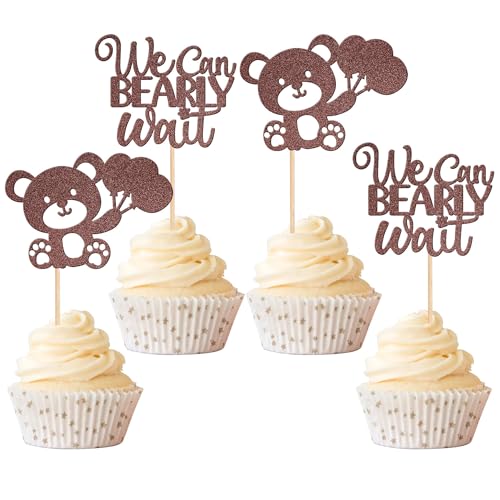 Xsstarmi 24 Packung Tragen Cupcake Toppers Glitzer We Can Bearly Wait Cupcake Picks für Geschlecht Offenbaren Kinder Geburtstag Party Kuchendekoration Braun von Xsstarmi