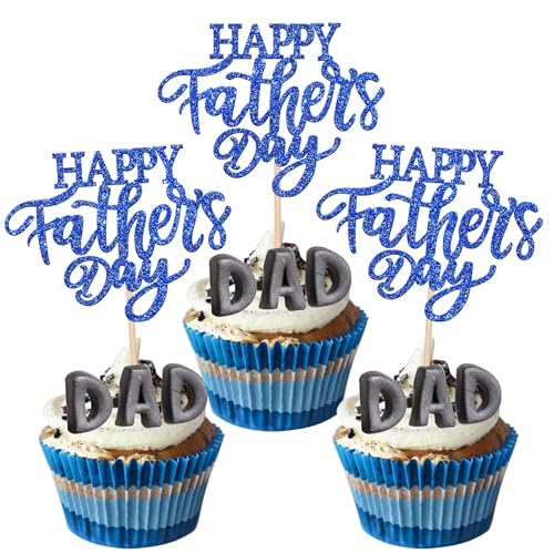 Xsstarmi 24 Packung Vatertag Cupcake Toppers Glitzer Bester Vater Cupcake Picks Happy Father's Day Kuchendekoration Geburtstag des Vaters Vatertag Partyzubehör Blau von Xsstarmi