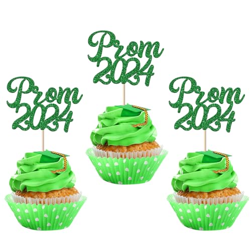 Xsstarmi 24 Stück Abschlussball 2024 Cupcake Topper Glitzer 2024 Abschlussball Cupcake Picks Klasse 2024 Abschlussball Kuchen Dekorationen für College Abschlussball Party Supplies Grün von Xsstarmi