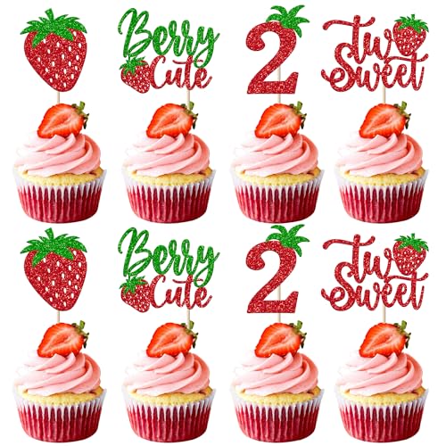 Xsstarmi 24 Stück Erdbeer-Cupcake-Aufsätze, glitzernd, süß, zwei Cupcake-Picks, Beeren, Dekoration für Obst-Thema, Babyparty, zweiter Geburtstag, Party, Kuchendekorationen von Xsstarmi