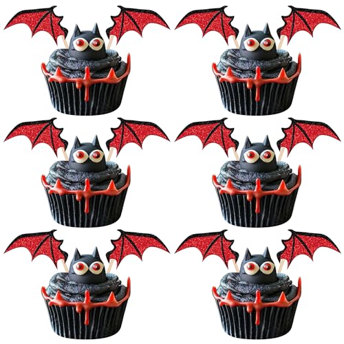 Xsstarmi 24 Stück Halloween Fledermaus Cupcake Toppers Glitzer Vampir Fledermaus Flügel Cupcake Picks Halloween Cupcake Topper für Fledermaus Thema Babyparty Geburtstag Halloween Party Kuchen von Xsstarmi