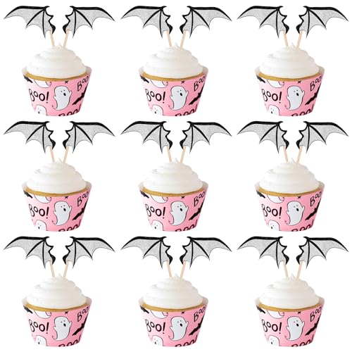 Xsstarmi 24 Stück Halloween Fledermausflügel Cupcake Toppers Glitzer Vampir Fledermaus Halloween Cupcake Picks für Halloween Fledermaus Flügel Thema Babyparty Geburtstag Party Cupcake Dekorationen von Xsstarmi