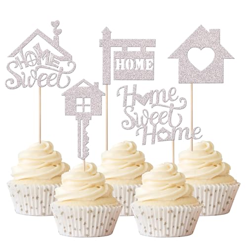 Xsstarmi 30 Packung Sweet Home Cupcake Toppers Glitzer Schlüssel Einweihungsparty Cupcake Picks Süßes Zuhause Cupcake Dekoration Neues Zuhause Party Kuchendekoration Silber von Xsstarmi