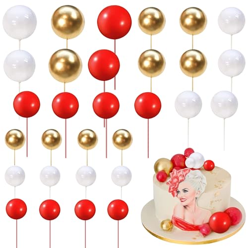 Xsstarmi 30 Packung Tortendeko Mini Ballon Tortenaufsatz Schaumstoffball Kuchen Pick Kunstperlen-Kugeln DIY Cake Kuchen dekorationen für Hochzeit Jubiläum Geburtstag Party Zubehör Rotgoldweiß von Xsstarmi