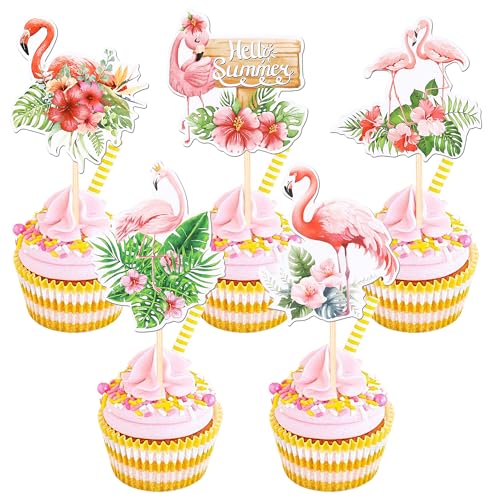 Xsstarmi 30 Stück Flamingo-Cupcake-Topper, Glitzer, doppelseitig, Blume, Hawaii, Aloha, Luau, Cupcake-Picks für Sommer, Strand, Babyparty, Party, tropischer Vogel, Party, Kuchendekorationen von Xsstarmi