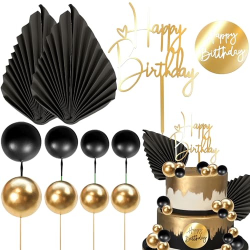 Xsstarmi 30 Stück schwarz-goldene Papierpalmenfächer-Kuchenaufsätze, schwarz-goldene Kugeln, Kuchenaufsatz, Dekorationen für Babyparty, Happy Birthday Party, DIY Kuchendekorationen von Xsstarmi