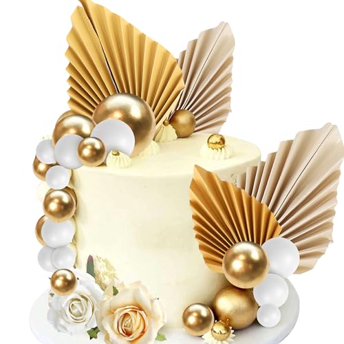 Xsstarmi 34 Stück Champagner Rose Kuchen Topper Palmblätter Gold Mini Kugeln Künstliche Blume Kuchen Pick für Bohemian Boho Hochzeit Bithday Valentinstag Party DIY Kuchen Dekorationen Supplies von Xsstarmi