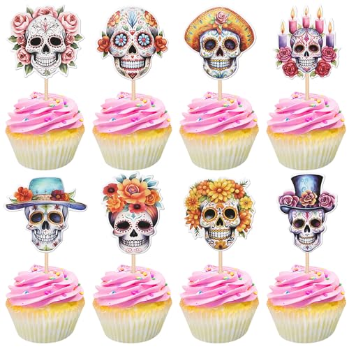 Xsstarmi 40 Stück Day of the Dead Cupcake Toppers Dia De Los Muertos Cupcake Picks Skelett Sugar Skull Mexican Fiesta Kuchen Dekorationen für Tag der Toten Halloween Party Supplies von Xsstarmi