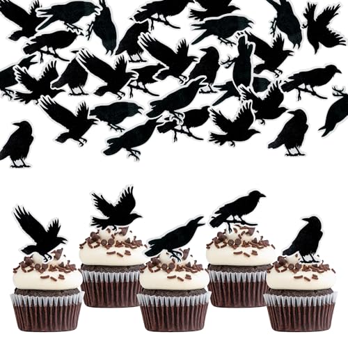 Xsstarmi 48 Stück essbare Krähen-Cupcake-Aufsätze, Halloween, schwarze Krähe, Cupcake-Picks, Rabe, Halloween-Krähe, essbare Cupcake-Dekorationen für Horror-Krähe, Halloween-Thema, Geburtstagsparty, von Xsstarmi