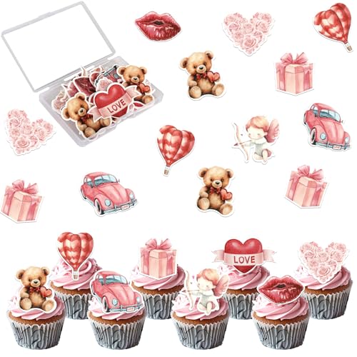 Xsstarmi 60 Pack Essbar Valentinstag Cupcake Toppers Reispapier Tragen Ballon Amor Cupcake Picks Dekoration für Alles Gute zum Valentinstag Party-Kuchen-Dekorationen von Xsstarmi