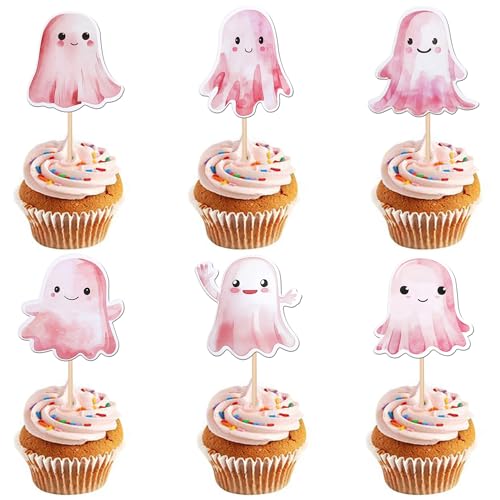 Xsstarmi Cupcake-Aufsätze, doppelseitig, Halloween-Geister-Thema, Cupcake-Picks für Geister-Themen, Babyparty, Happy Halloween, Party, Kuchendekorationen, Zubehör, Rosa, 36 Stück von Xsstarmi