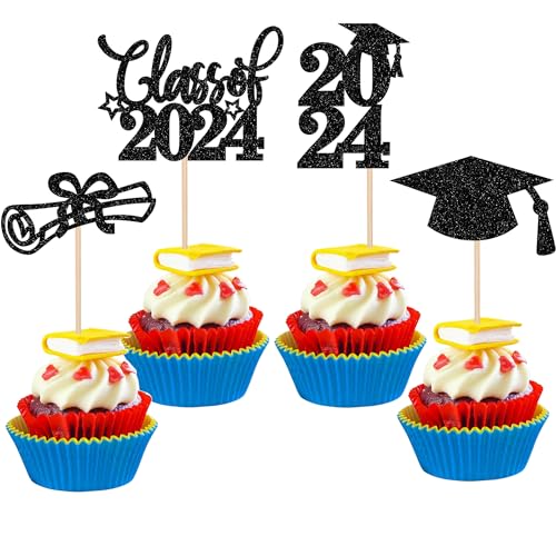Xsstarmi Cupcake-Aufsätze für Abschlussfeier, Abschlussfeier, Party-Dekoration, Glitzer, Klasse 2024, Abschlussfeier, 2024 Grad Kappe, Diplom, Cupcake-Picks für Abschlussfeier, Mottoparty, von Xsstarmi