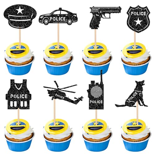 Xsstarmi Cupcake-Aufsätze für Polizisten, Polizeiauto, Hund, Cupcake-Picks, Hubschrauber, Polizei-Abzeichen, Pistole, Cupcake-Dekorationen für Polizisten, Motto-Partys, Babypartys, Geburtstagspartys, von Xsstarmi