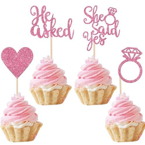 Xsstarmi Cupcake-Aufsätze mit Aufschrift "He Asked She Said Ye", glitzernd, Herz, Ring, Junggesellinnenabschied, Cupcake-Picks für Hochzeit, Verlobung, Brautparty, Motto-Party, Kuchendekorationen, von Xsstarmi