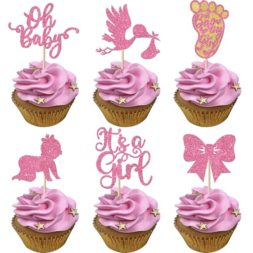 Xsstarmi Cupcake-Aufsätze mit Aufschrift "It's a Girl", rosa Glitzer, Baby-Fußabdrücke, Schleife, Cupcake-Picks, Geschlechtsoffenbarung, Thema, Kuchendekorationen für Babyparty, Mädchengeburtstag, von Xsstarmi